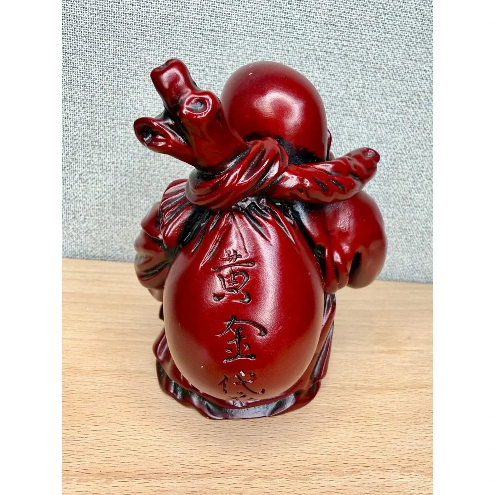 Vintage Red Cinnabar‎ Resin Laughing Buddha Hotei Statue Good Luck Figurine 5